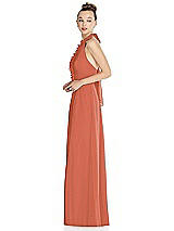 Side View Thumbnail - Terracotta Copper Halter Backless Maxi Dress with Crystal Button Ruffle Placket