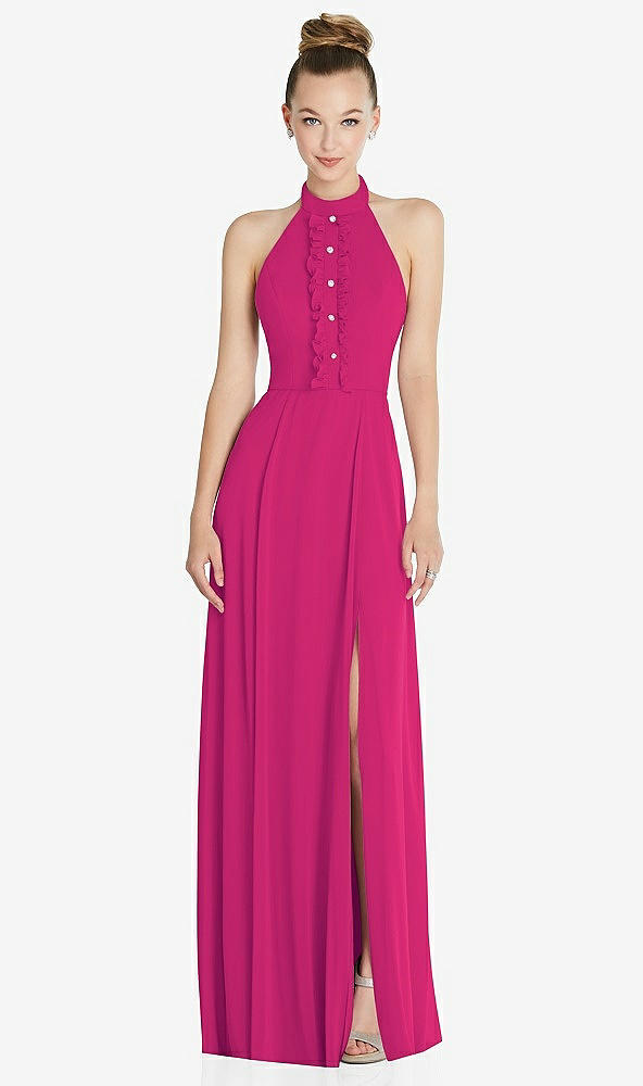 Front View - Think Pink Halter Backless Maxi Dress with Crystal Button Ruffle Placket