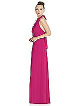 Side View Thumbnail - Think Pink Halter Backless Maxi Dress with Crystal Button Ruffle Placket