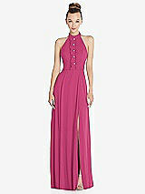 Front View Thumbnail - Tea Rose Halter Backless Maxi Dress with Crystal Button Ruffle Placket