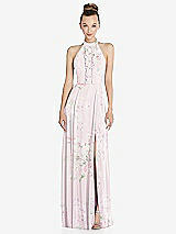 Front View Thumbnail - Watercolor Print Halter Backless Maxi Dress with Crystal Button Ruffle Placket