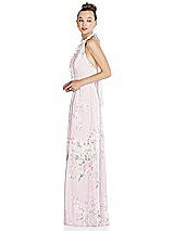 Side View Thumbnail - Watercolor Print Halter Backless Maxi Dress with Crystal Button Ruffle Placket