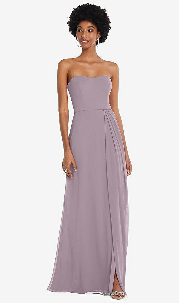 Front View - Lilac Dusk Strapless Sweetheart Maxi Dress with Pleated Front Slit 