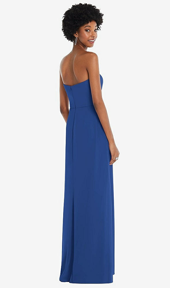 Back View - Classic Blue Strapless Sweetheart Maxi Dress with Pleated Front Slit 
