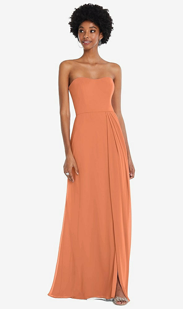 Front View - Sweet Melon Strapless Sweetheart Maxi Dress with Pleated Front Slit 