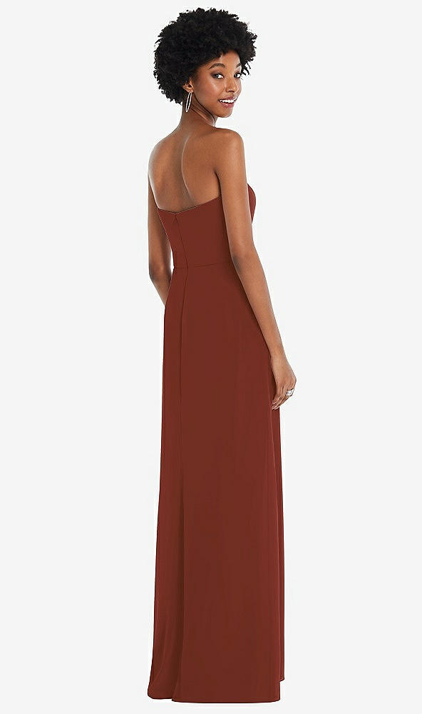 Back View - Auburn Moon Strapless Sweetheart Maxi Dress with Pleated Front Slit 
