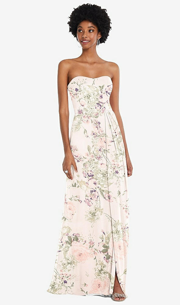 Front View - Blush Garden Strapless Sweetheart Maxi Dress with Pleated Front Slit 