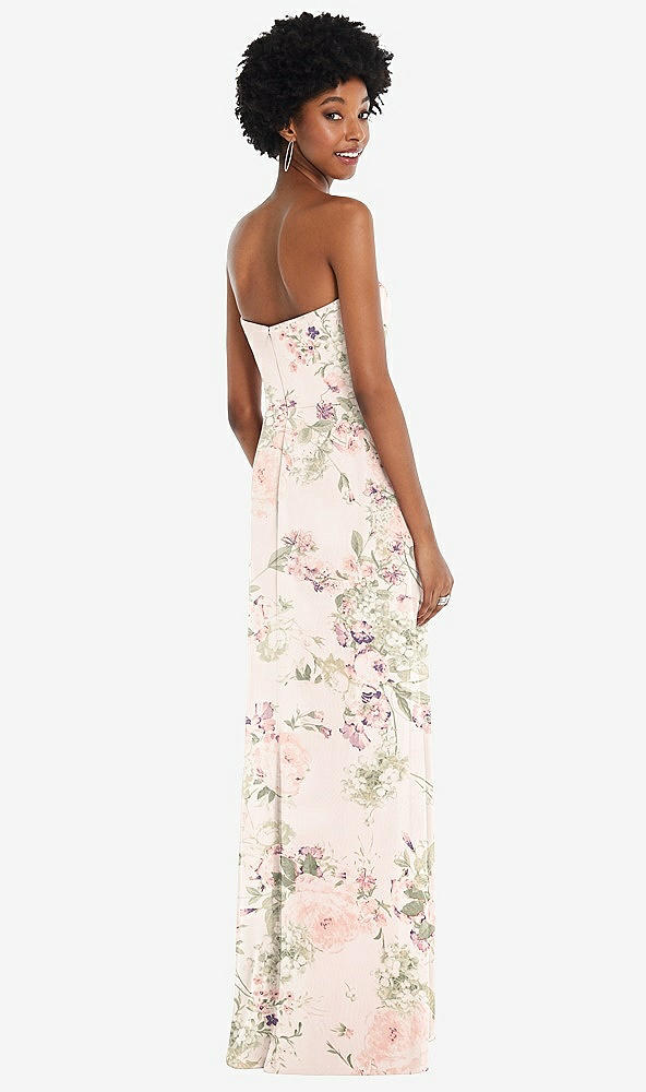 Back View - Blush Garden Strapless Sweetheart Maxi Dress with Pleated Front Slit 