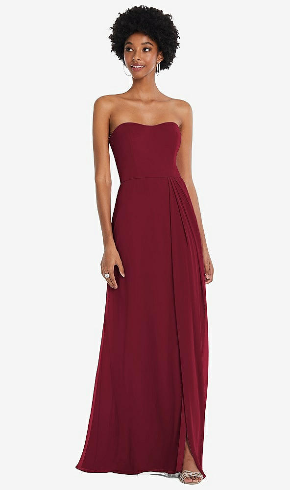 Front View - Burgundy Strapless Sweetheart Maxi Dress with Pleated Front Slit 