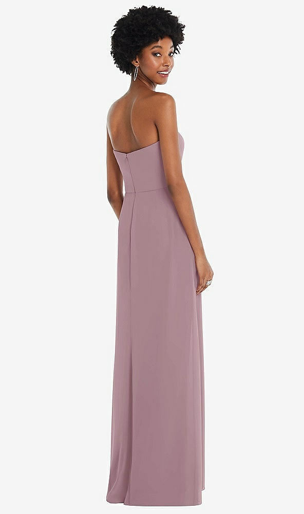 Back View - Dusty Rose Strapless Sweetheart Maxi Dress with Pleated Front Slit 