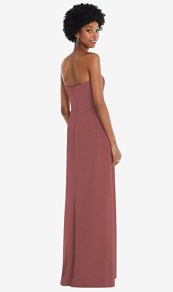 Back View - English Rose Strapless Sweetheart Maxi Dress with Pleated Front Slit 