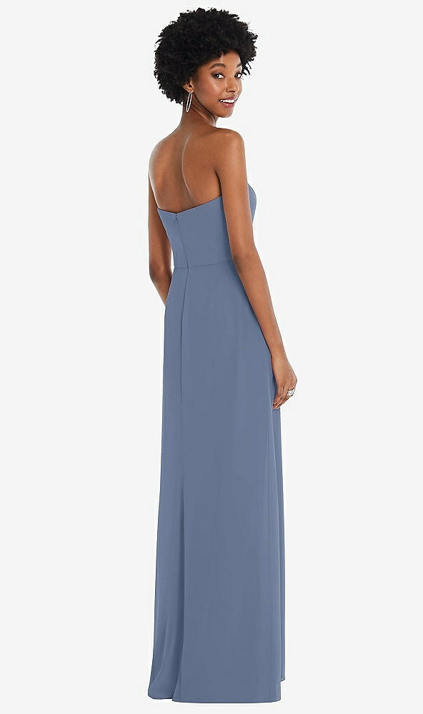 Back View - Larkspur Blue Strapless Sweetheart Maxi Dress with Pleated Front Slit 