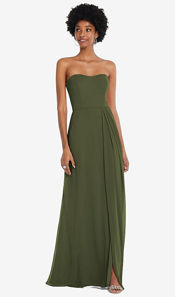 Front View - Olive Green Strapless Sweetheart Maxi Dress with Pleated Front Slit 
