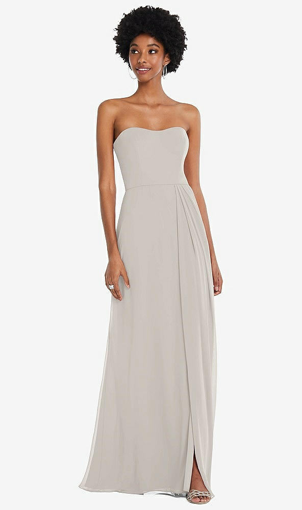 Front View - Oyster Strapless Sweetheart Maxi Dress with Pleated Front Slit 