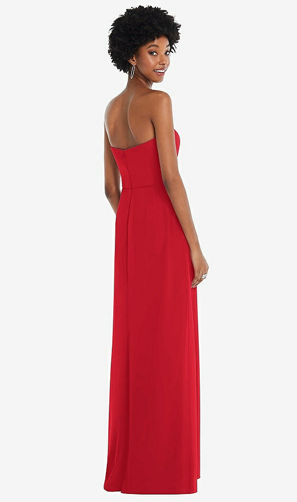 Back View - Parisian Red Strapless Sweetheart Maxi Dress with Pleated Front Slit 