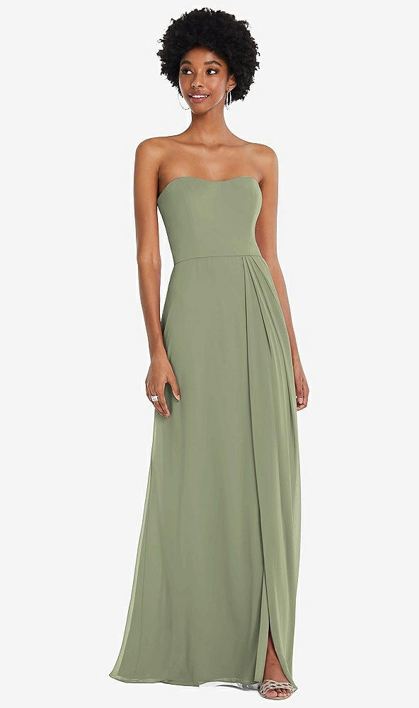 Front View - Sage Strapless Sweetheart Maxi Dress with Pleated Front Slit 