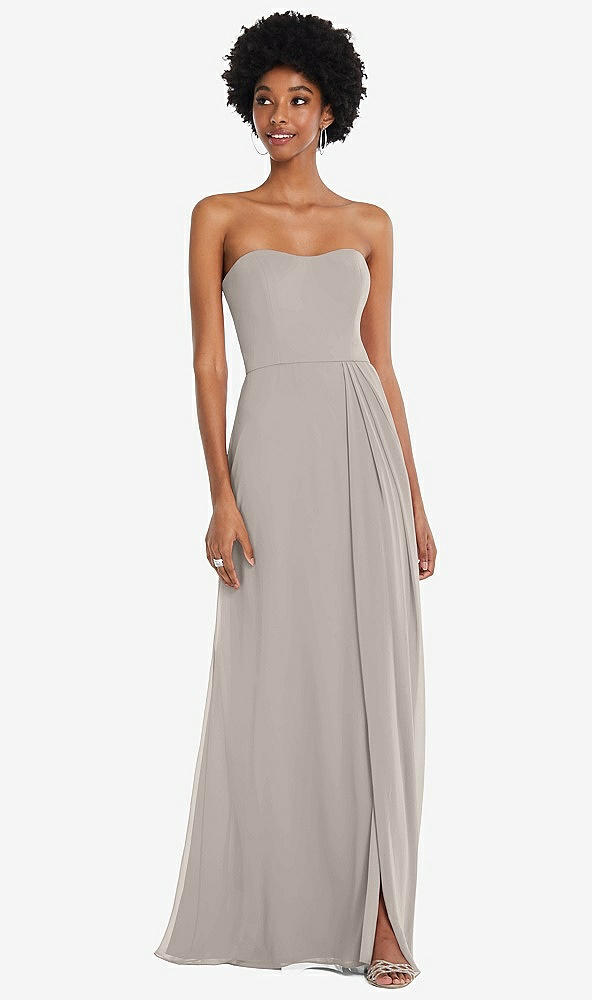 Front View - Taupe Strapless Sweetheart Maxi Dress with Pleated Front Slit 