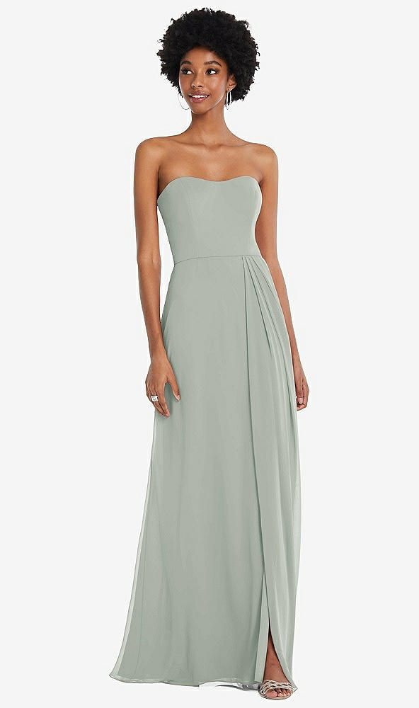 Front View - Willow Green Strapless Sweetheart Maxi Dress with Pleated Front Slit 