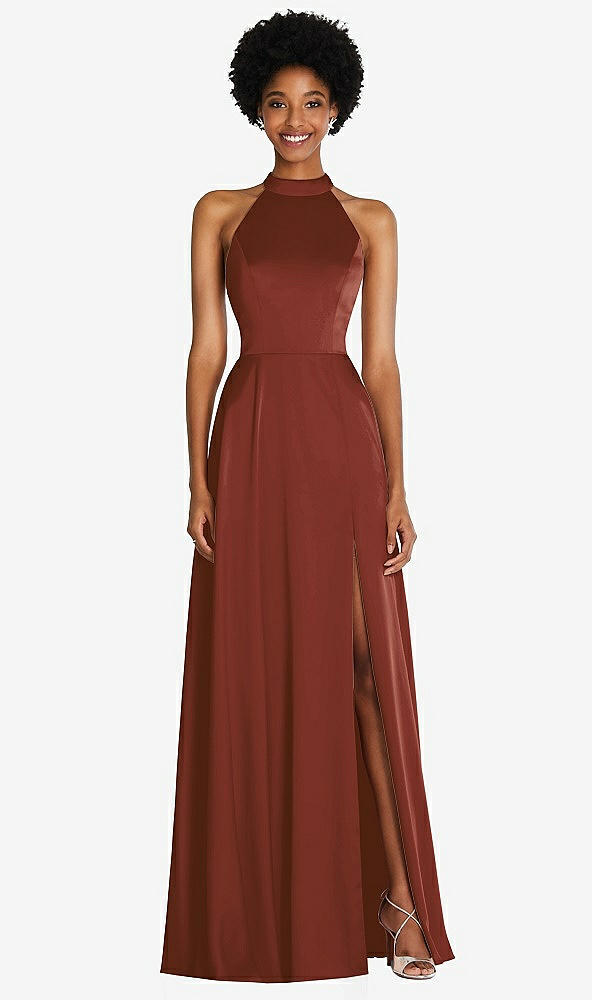 Front View - Auburn Moon Stand Collar Cutout Tie Back Maxi Dress with Front Slit