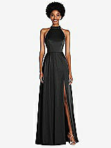Front View Thumbnail - Black Stand Collar Cutout Tie Back Maxi Dress with Front Slit