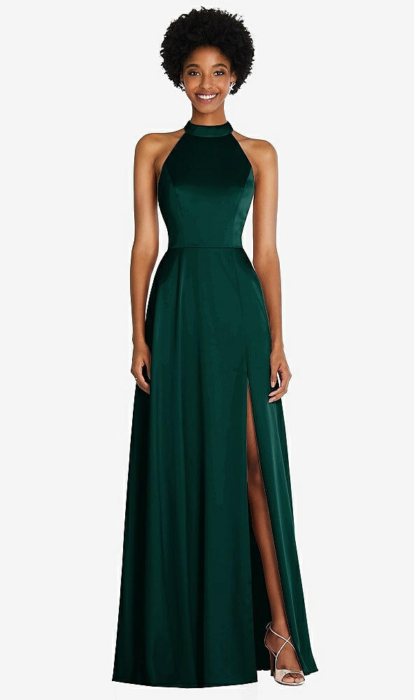 Front View - Evergreen Stand Collar Cutout Tie Back Maxi Dress with Front Slit