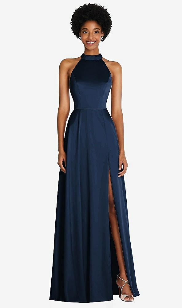 Front View - Midnight Navy Stand Collar Cutout Tie Back Maxi Dress with Front Slit
