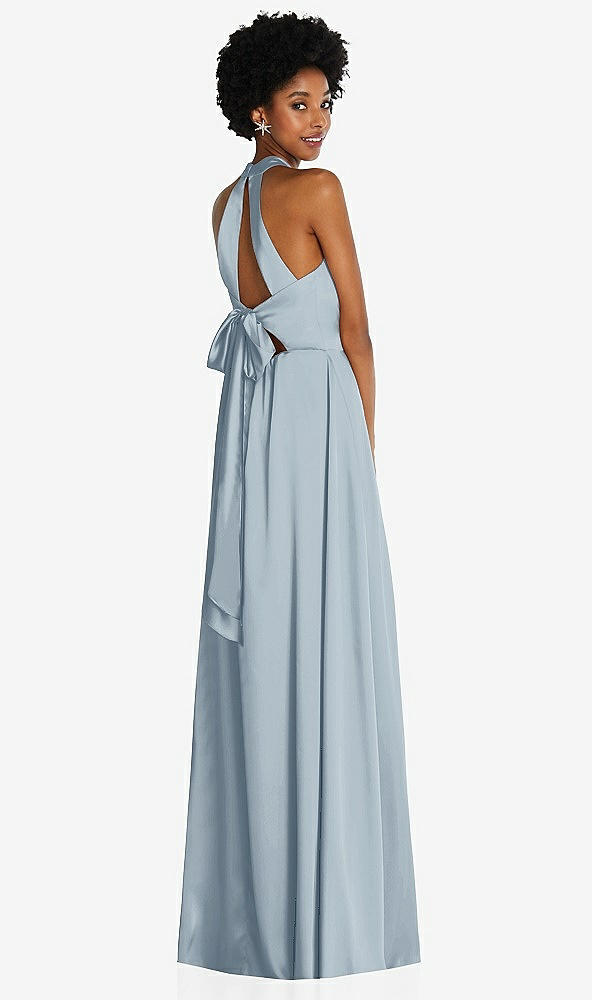 Back View - Mist Stand Collar Cutout Tie Back Maxi Dress with Front Slit