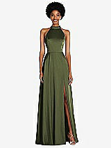 Front View Thumbnail - Olive Green Stand Collar Cutout Tie Back Maxi Dress with Front Slit