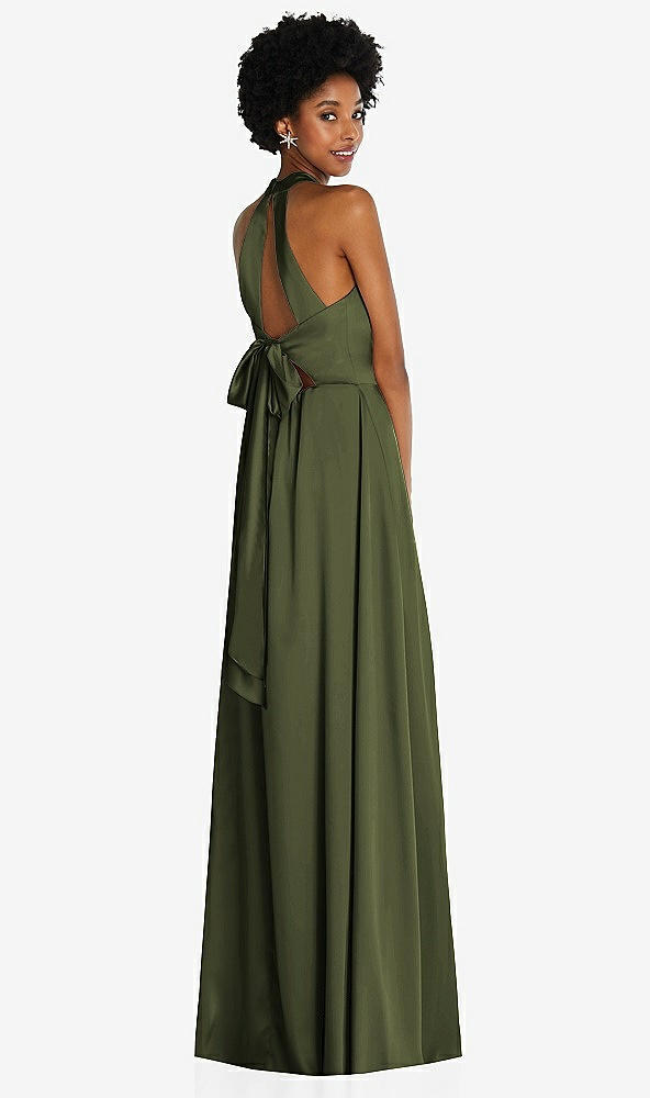 Back View - Olive Green Stand Collar Cutout Tie Back Maxi Dress with Front Slit