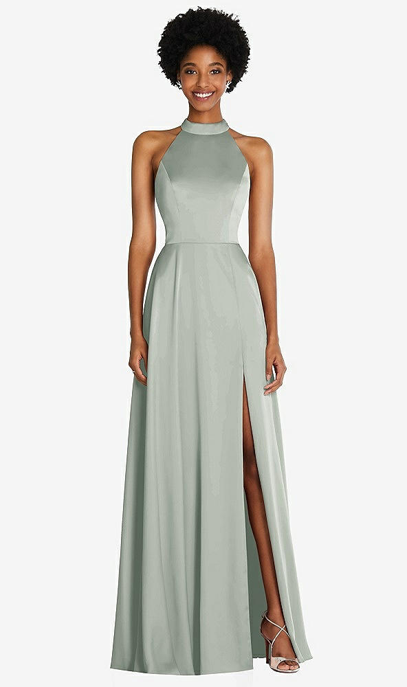 Front View - Willow Green Stand Collar Cutout Tie Back Maxi Dress with Front Slit