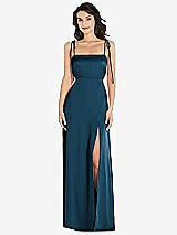 Front View Thumbnail - Atlantic Blue Skinny Tie-Shoulder Satin Maxi Dress with Front Slit
