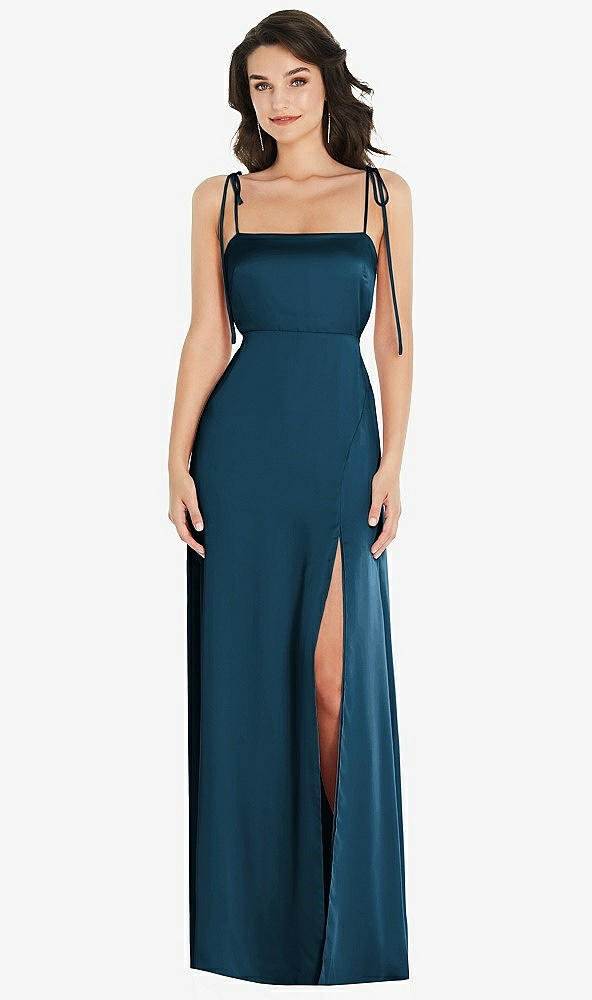 Front View - Atlantic Blue Skinny Tie-Shoulder Satin Maxi Dress with Front Slit