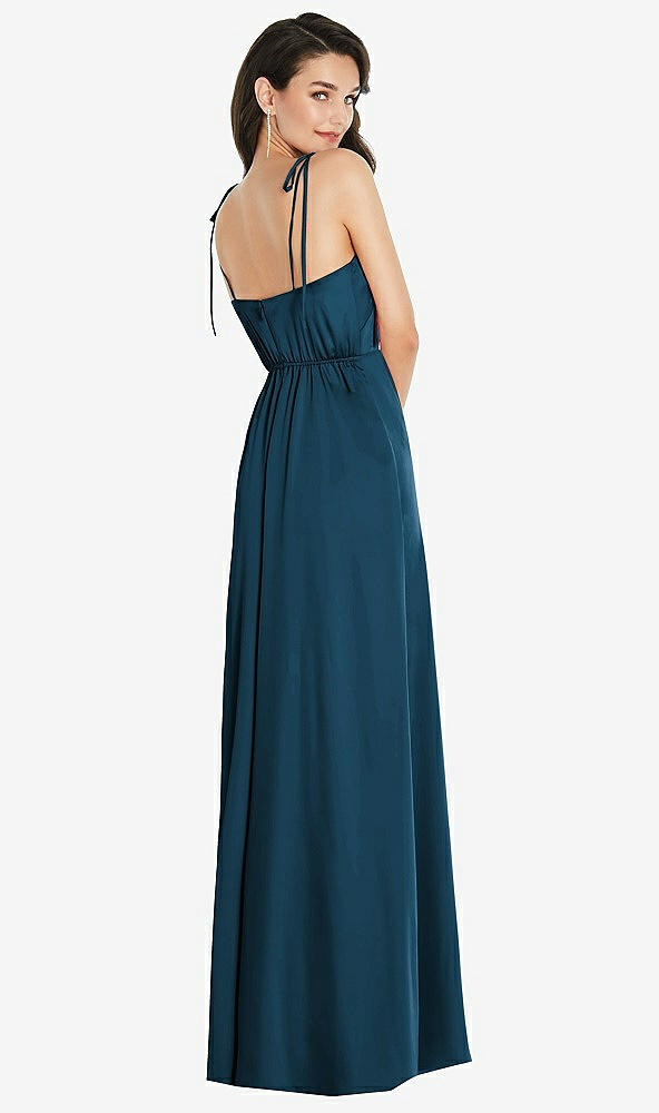 Back View - Atlantic Blue Skinny Tie-Shoulder Satin Maxi Dress with Front Slit