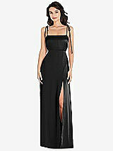 Front View Thumbnail - Black Skinny Tie-Shoulder Satin Maxi Dress with Front Slit