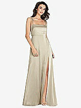 Alt View 1 Thumbnail - Champagne Skinny Tie-Shoulder Satin Maxi Dress with Front Slit