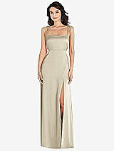 Front View Thumbnail - Champagne Skinny Tie-Shoulder Satin Maxi Dress with Front Slit