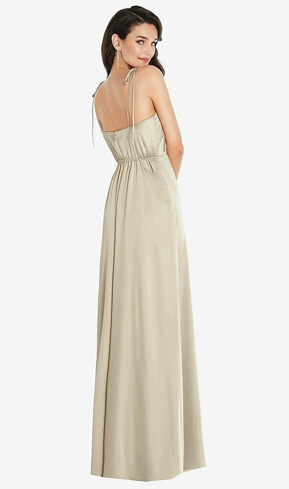 Back View - Champagne Skinny Tie-Shoulder Satin Maxi Dress with Front Slit