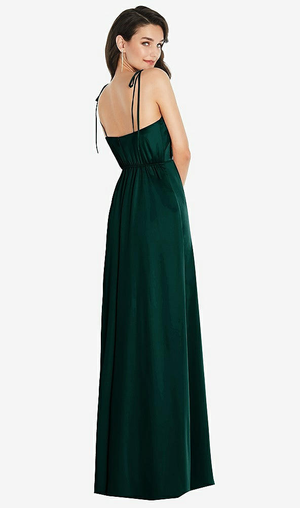 Back View - Evergreen Skinny Tie-Shoulder Satin Maxi Dress with Front Slit