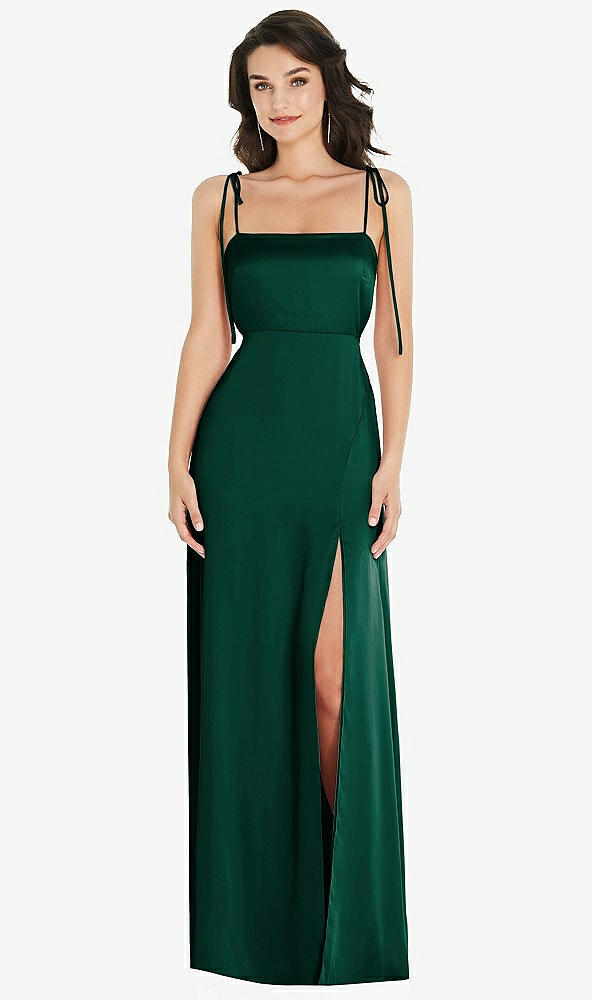 Front View - Hunter Green Skinny Tie-Shoulder Satin Maxi Dress with Front Slit