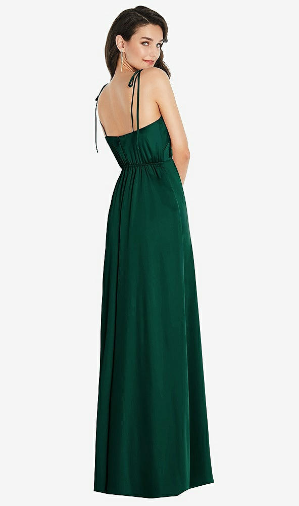 Back View - Hunter Green Skinny Tie-Shoulder Satin Maxi Dress with Front Slit