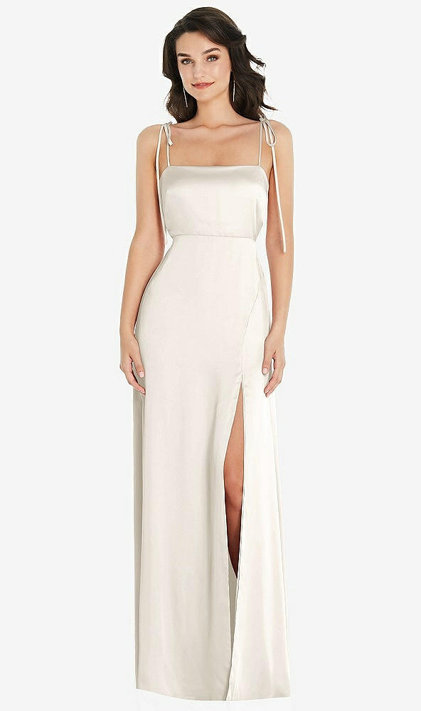 Front View - Ivory Skinny Tie-Shoulder Satin Maxi Dress with Front Slit