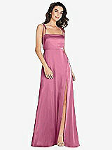 Alt View 1 Thumbnail - Orchid Pink Skinny Tie-Shoulder Satin Maxi Dress with Front Slit