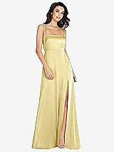 Alt View 1 Thumbnail - Pale Yellow Skinny Tie-Shoulder Satin Maxi Dress with Front Slit