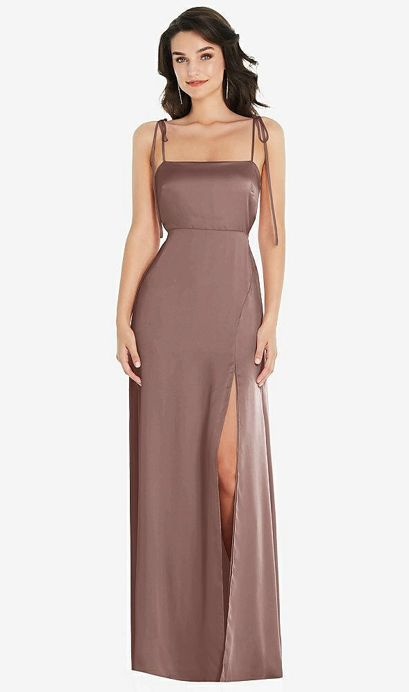 Front View - Sienna Skinny Tie-Shoulder Satin Maxi Dress with Front Slit