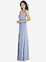 Side View Thumbnail - Sky Blue Skinny Tie-Shoulder Satin Maxi Dress with Front Slit