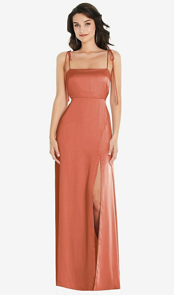 Front View - Terracotta Copper Skinny Tie-Shoulder Satin Maxi Dress with Front Slit