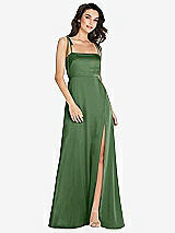 Alt View 1 Thumbnail - Vineyard Green Skinny Tie-Shoulder Satin Maxi Dress with Front Slit