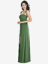 Side View Thumbnail - Vineyard Green Skinny Tie-Shoulder Satin Maxi Dress with Front Slit