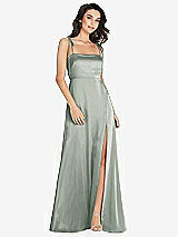Alt View 1 Thumbnail - Willow Green Skinny Tie-Shoulder Satin Maxi Dress with Front Slit
