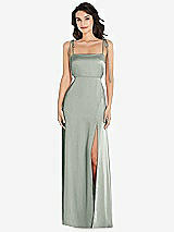 Front View Thumbnail - Willow Green Skinny Tie-Shoulder Satin Maxi Dress with Front Slit